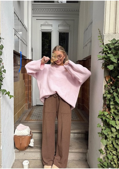 Nilza Pembe Yumuşak Dokulu Bisiklet Yaka Oversize Triko Kazak Pembe