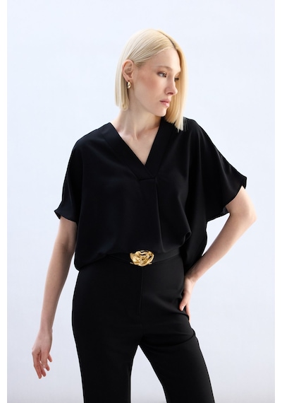 Sateen Geniş Kısa Kollu Bluz - Siyah-136758 Siyah