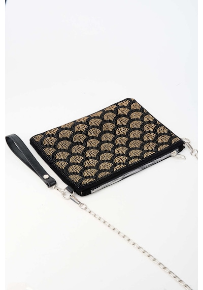 Vivaq Kadın Yelpazer Altın Taşlı Süet Bilek Askılı Ve Zincir Askılı Portföy El Ve Clutch Çanta SİYAH