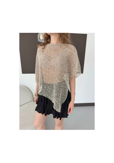 Verymoda Asimetrik Kesim Yarasa Kol Pullu Bluz D3118 Taş