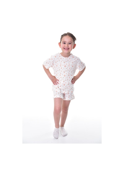 %100 Pamuk Interlok Kumaş Kısa Kollu Şortlu Kız Çocuk Pijama Takımı 3,4,5,6,7,8 Yaş Beyaz