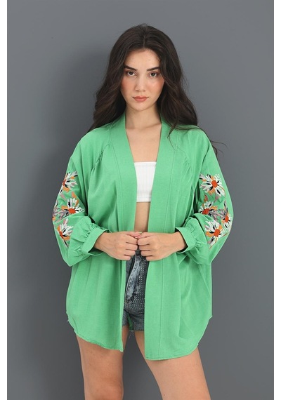 Kimono Reglan Kol Nakışlı Keten - Yeşil Çok Renkli