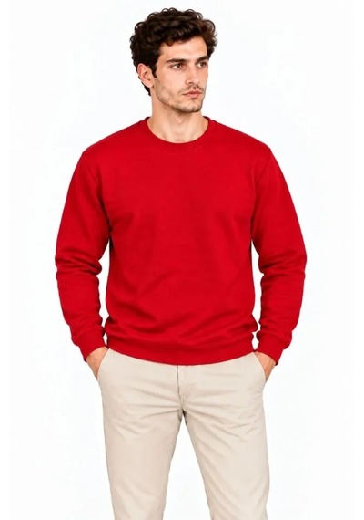 Butik İstanbul Erkek Bisiklet Yaka İçi Şardonlu 2 İplik Düz Uzun Kollu Regular Fit Sweatshirt - Kırmızı