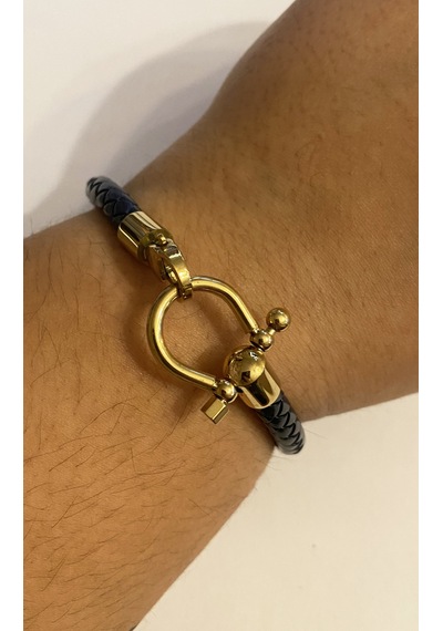 Celikchi Erkek Gold Renk Çelik Detay Örgü Model Deri Bileklik Siyah