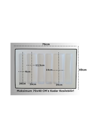 76x49 Cm. 6 Bölmeli Beyaz Çekmece Içi Düzenleyici Kepçelik 70 40 Cm'e Kadar Kesilr Ücretsiz Kesim Beyaz