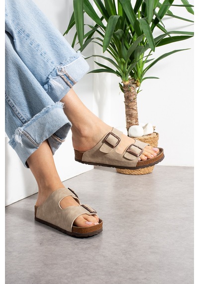 Stwenn Çift Tokalı Ortopedik Taban Terlik Unisex Günlük Rahat Kaymaz Taban Yazlık Sandalet Bej