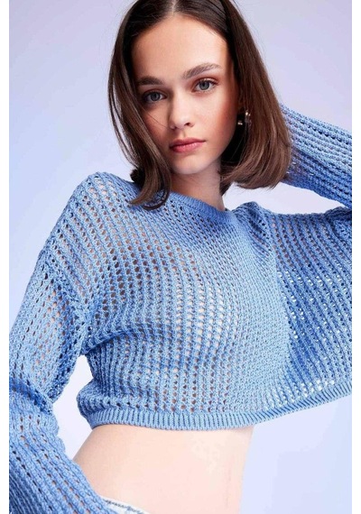 Defacto Regular Fit Bisiklet Yaka Kroşe Ajurlu Delikli Crop Triko Kazak T4513AZ24AUBE113 Mavi