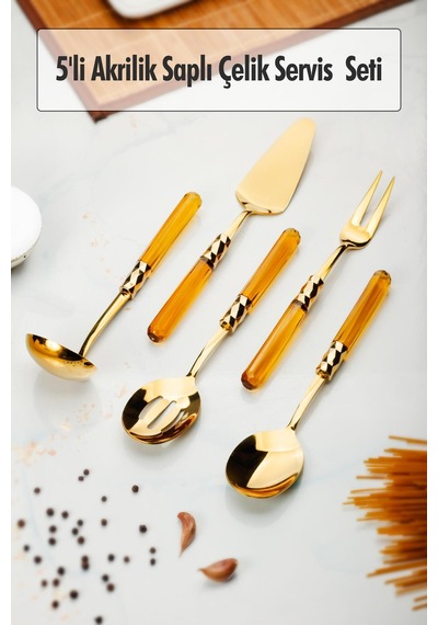 5 Parça Gold Servis Seti & Servis Sunum Seti Amber Kepçe / Kevgir / Sıpatula / Çatal / Kaşık Diğer