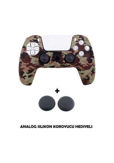 Ps5 Dualsense Uyumlu Kamuflaj Desenli Koruyucu Silikon Kılıf + Analog Silikon Koruyucu Kahverengi Kamuflaj