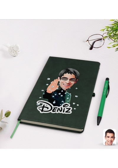Kişiye Özel Matrix Neo Karikatürlü Yeşil Termo Deri Defter Kalem