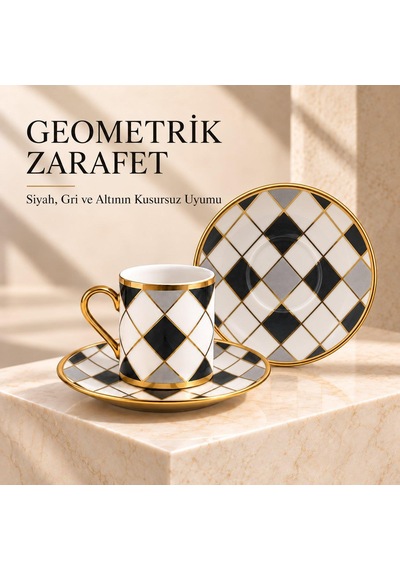 Valkyrie 6 Kişilik 12 Parça Türk Kahvesi Fincan Seti Gold Kulplu Siyah Beyaz Baklava Desen K654-c