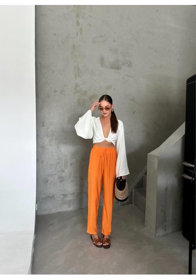 İkales Bel Lastik Detaylı Modal Kumaş Pantolon - Orange