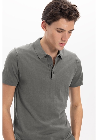 Tudors Erkek Slim Fit Dar Kesim Pamuklu Örme Triko Gri Polo Yaka Tişört-46226