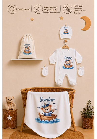 Pia Baby İsme Özel %100 Pamuk Erkek Bebek Yastık Battaniyeli Tulum Set Kese Hediyeli 1102tybk0x Krem