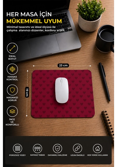 Bordo Renkli Kalpli Desenli Ergonomik Mouse Pad, Kaymaz Yüzey İle Ev Ve Ofis Kullanımı İçin İdeal