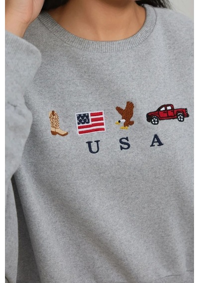 Hiccup İşlemeli Yuvarlak Yaka Sweatshirt Açık Gri