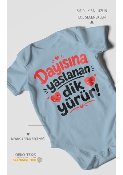 Morivokids Dayısına Yaslanan Dik Yürür Kısa Kollu Bebek Body %100 Pamuk Zbn254-kk Bebe Mavisi
