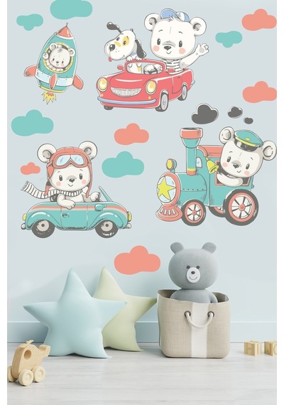 Sevimli Ayıcıklar Ve Araçlar Çocuk Odası Duvar Sticker Seti