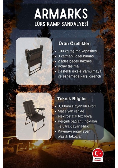 Kamp Sandalyesi, Katlanır Kamp Sandalyesi, Bardaklıklı Kamp Sandalyesi, Plaj Piknik Sandalyesi Siyah