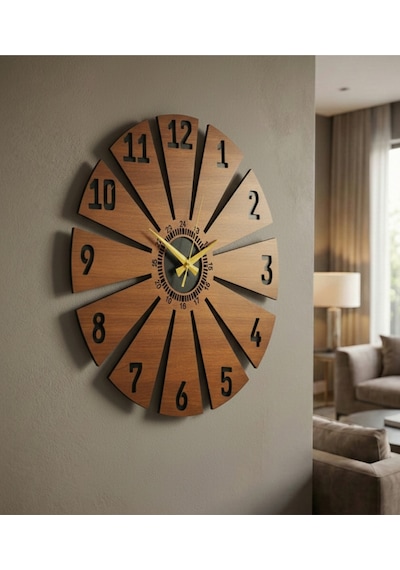 Ahşap Ceviz Mobilya Renk Desenli Hediyelik Sessiz Duvar Saati 50cm