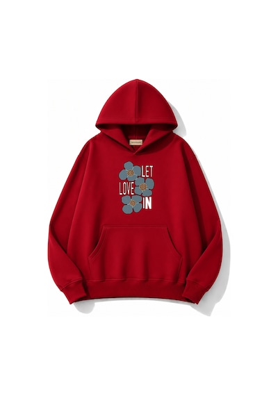 Herkesemoda Love Çiçek Baskılı Kapüşonlu 2 İplik Şardonlu Sweatshirt Kırmızı