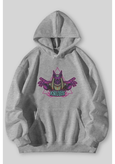 Harmandar Anubis Band Baskılı Unisex Siyah Kanguru Cepli Kapüşonlu Sweatshirt Hoodie Gri