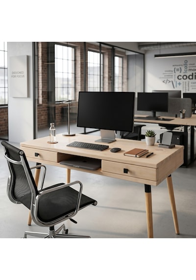 Mobenta Modest Desk: Masif Çalışma & Laptop Masası 2 Çekmece 1 Bölme - 120x60 Bz Krem