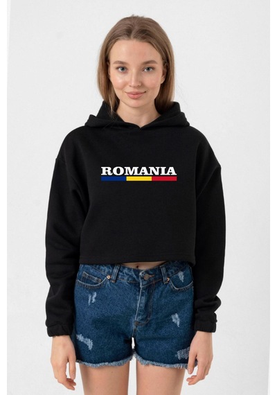 Romania Flag Lettern Siyah Kadın Crop Kapşonlu Siyah