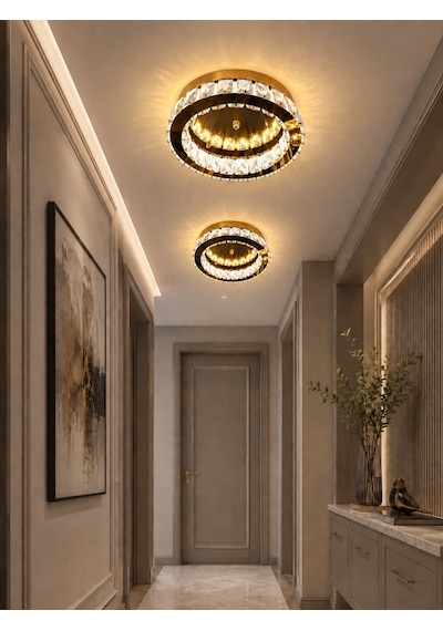 Kristal Taşlı 30 Cm Led Plafonyer Avize 3 Renk Işık, Oda Ve Koridor Aydınlatma Çok Renkli