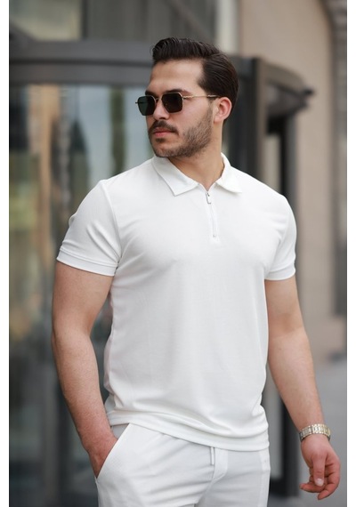 Etiler Collection Erkek Yakalı Fermuarlı T-shirt Şort Ikili Takım Beyaz