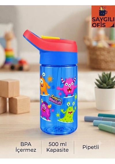 Saygılıofis 3114 Desenli Matara 500 Ml Sevimli Canavarlar Beyaz