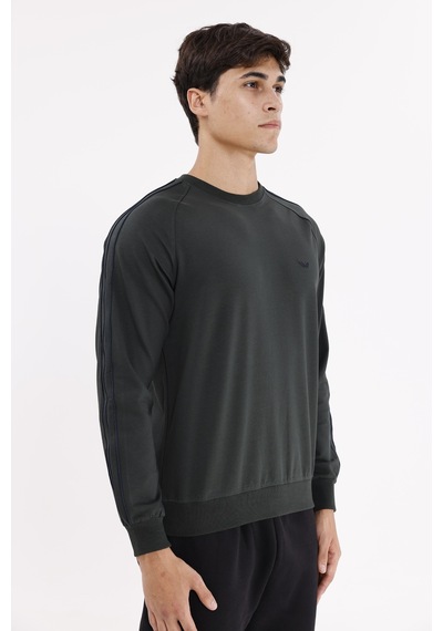 Rowinger Çift Şeritli Raglan Kol Minimal Logolu Bisiklet Yaka Sweatshirt Haki