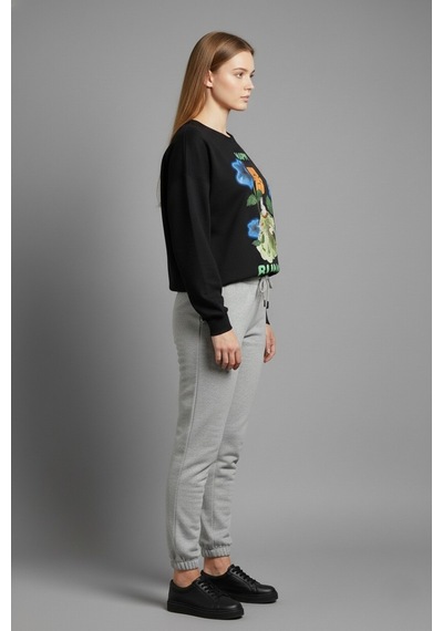 The Kadın Happy Bunny Baskılı %100 Pamuk 3 İplik Şardonsuz Sweatshirt - Bisiklet Yaka Basic Üst Siyah The Kadın Happy Bunny Baskılı %100 Pamuk 3 İplik Şardonsuz Sweatshirt - Bisiklet Yaka Basic Üst Siyah