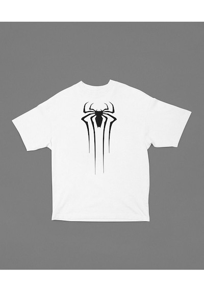 Örümcek Adam Film Logo Baskılı Unisex Marvel Oversize Tişört Beyaz