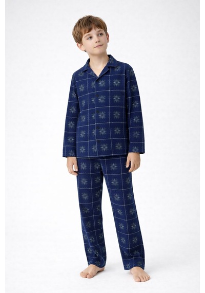 Free Beka Lacivert Ekose Desenli Uzun Kollu Gömlek Yaka Düğmeli Erkek Çocuk Pijama Takımı