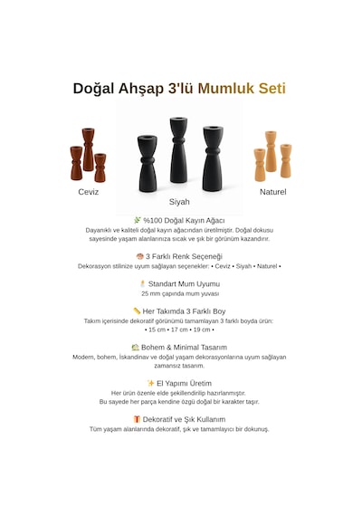 Doğal Ahşap 3'lü Mumluk Şamdan Seti - Kayın Ağacı Bohem Dekoratif Mumluk- Siyah Siyah