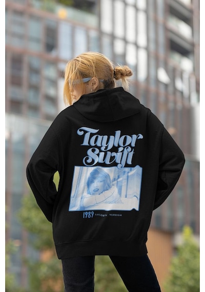 Taylor Swift Baskılı Unisex Oversize Şarkıcı Hoodie Siyah
