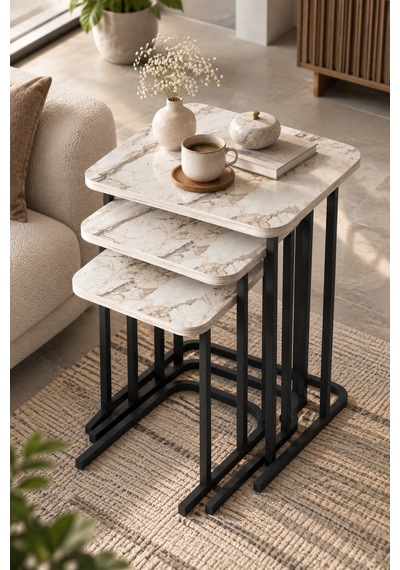 Sulorahome Ekru Mermer Desenli 3'lü Zigon Sehpa Seti Metal Ayaklı