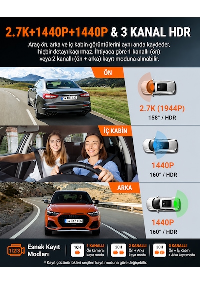 Vantrue Nexus N4s 3 Kameralı 2.7k Qhd Wi-Fi Araç Kamerası