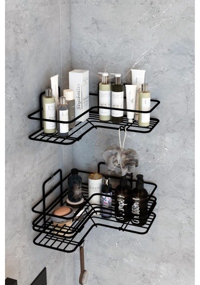 Yapışkanlı 2 Li Banyo Köşe Rafı - Siyah Metal Duş Şampuanlık Organizeri Siyah