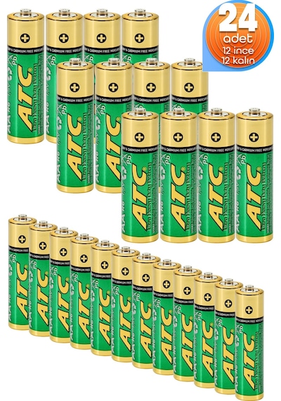 Atc 24lü 12aa + 12aaa İnce Ve Kalın Kalem Pil Seti Saat R03 Ve R6p Pili Çinko Karbon Pil Zn-c 1.5v