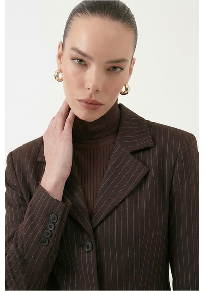 Holly Lolly Belden Oturmalı Çizgili Fit Kesim Karen Blazer Ceket Kahve