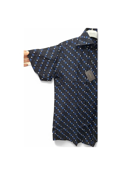 M Slim Fit Kalıp Siyah, Çiçek Desenli Pamuk Kısa Kollu Klasik Erkek Gömlek