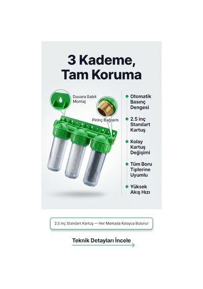 Daire Tipi Tesisat Ve Beyaz Eşya Koruyucu Su Filtresi - 3'lü Kireç Önleyici Merkezi Temizleme Sistemi