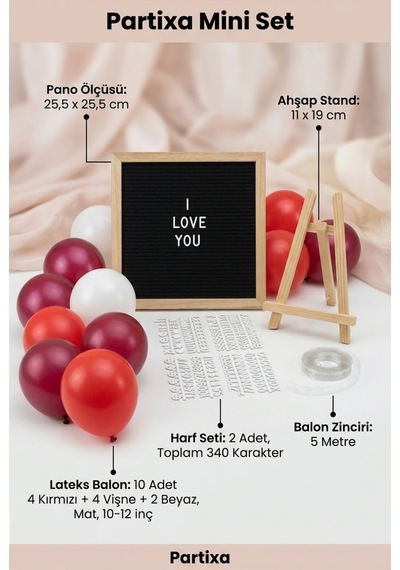 Sevgililer Günü Yıl Dönümü Süsleme Mini Set Siyah Keçe Yazı Panosu Standlı Balon Zincirli Romantik Sürpriz Kutlama Seti