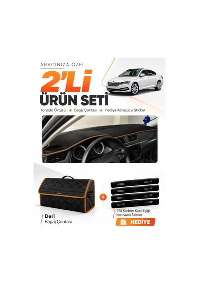 Skoda Super-b 2015-2021 Uyumlu Torpido Örtüsü + Deri Bagaj Çantası + Sticker - Siyah Kahverengi