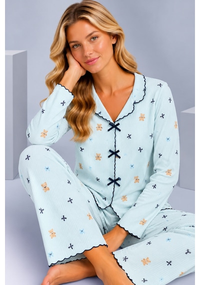 Pijamask Kadın Desenli Fiyonk Detaylı Düğmeli Uzun Kollu Müslin Pijama Takımı Mavi-19