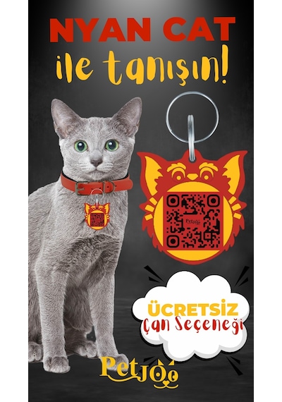 Petjoo 2.Nyan Cat Sarı-Kırmızı Qr'lı Kedi Künyesi