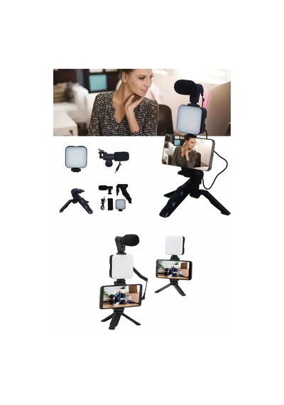 Mey İthalat Telefon Tutucu Mikrofonlu Işıklı Youtuber Video Kayıt Siyah