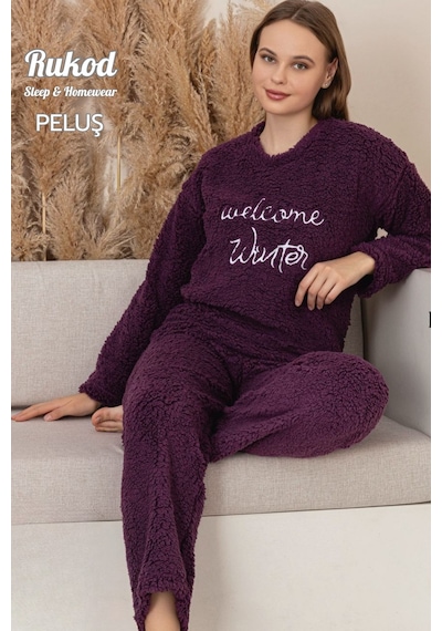 Rukod Kadın Uzun Kollu Kalın Mor Renk Peluş Bisiklet Yaka Pijama Takımı Mor